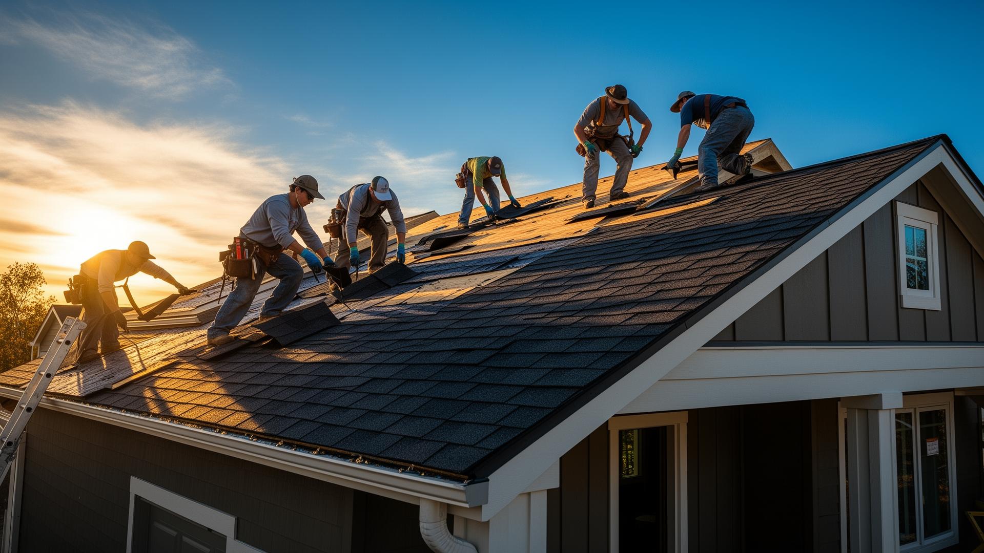 Roofing crew installing shingles at sunrise